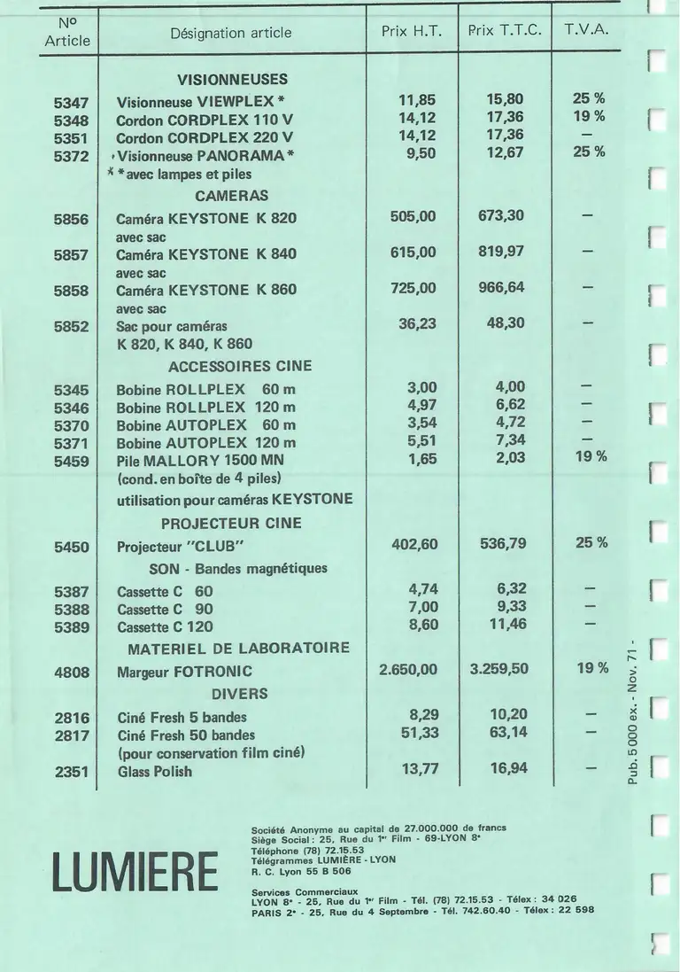 Lumière Diffusion - Tarif - novembre 1971 - 9