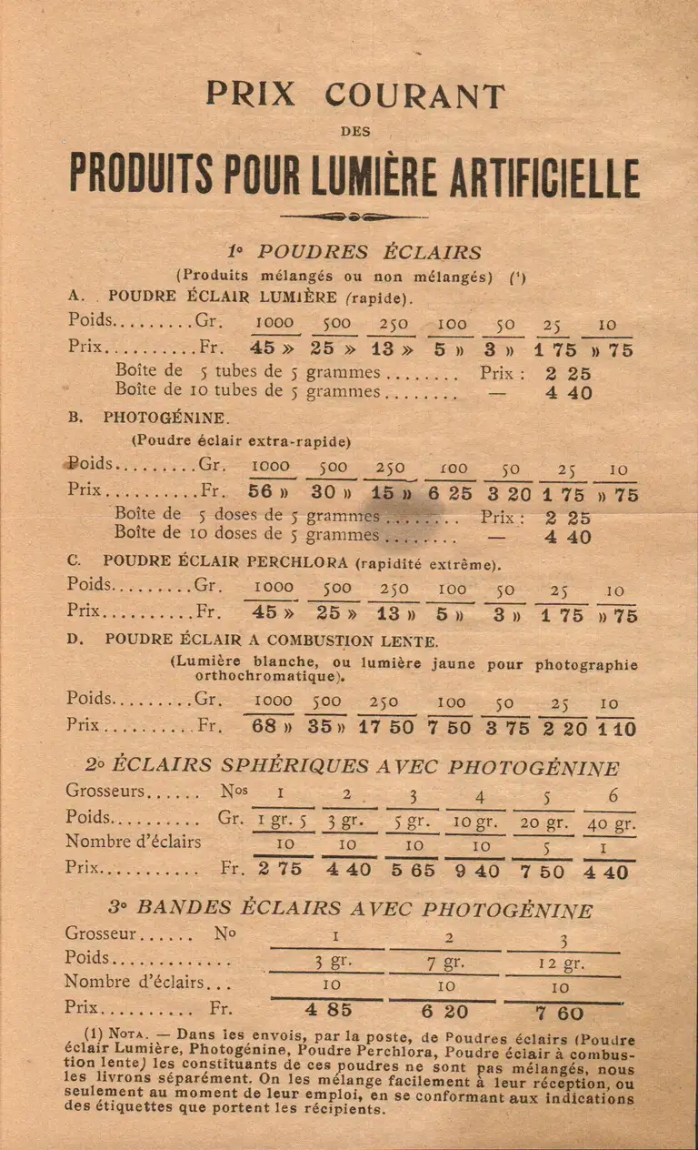 UPI - Prix courant des produits pour lumière artificielle recto