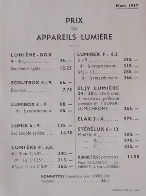 Prix des appareils Lumière - mars 1937