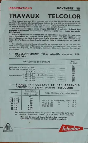 Tarif travaux Telcolor - novembre 1955