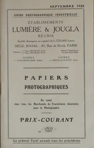 Prix courant Plaques Papiers Produits - 1922