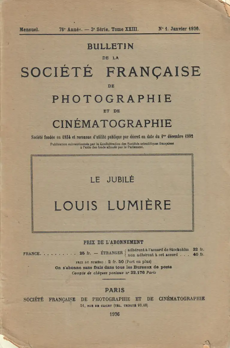 Société Française de Photographie et Cinématographie - Jubilé Louis Lumière - janvier 1936