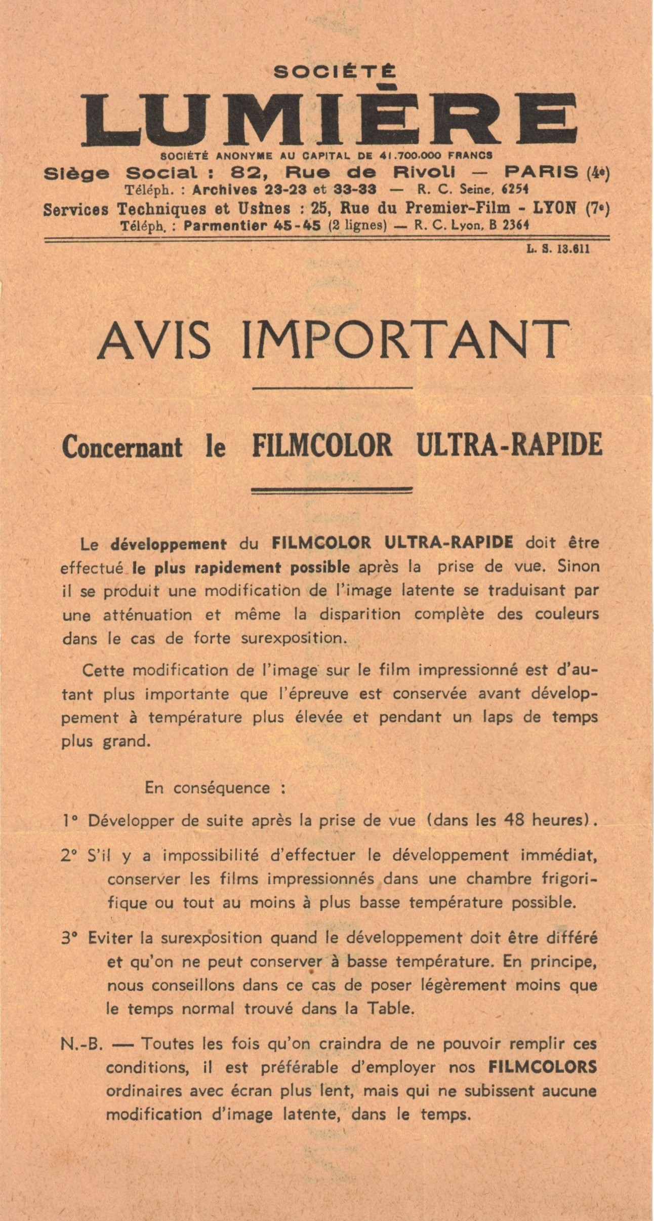 1933 - Avis important concernant le Filmcolor ultra-rapide - recto