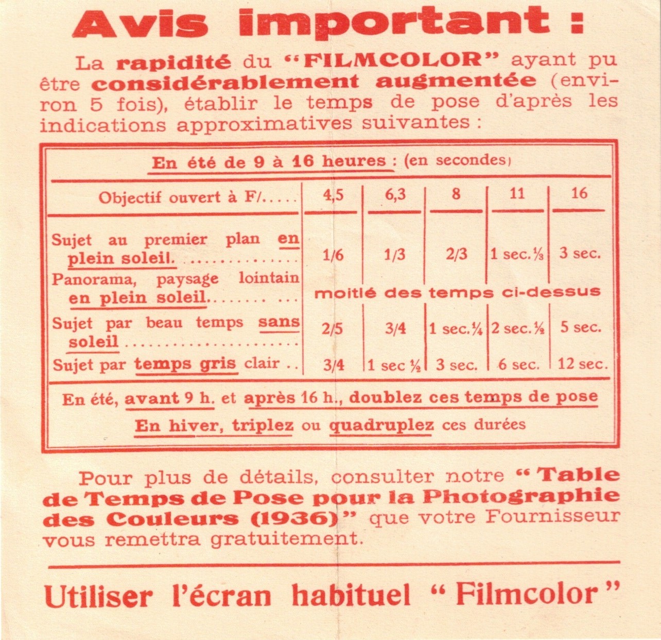 1936 - Avis important concernant le Filmcolor ultra-rapide
