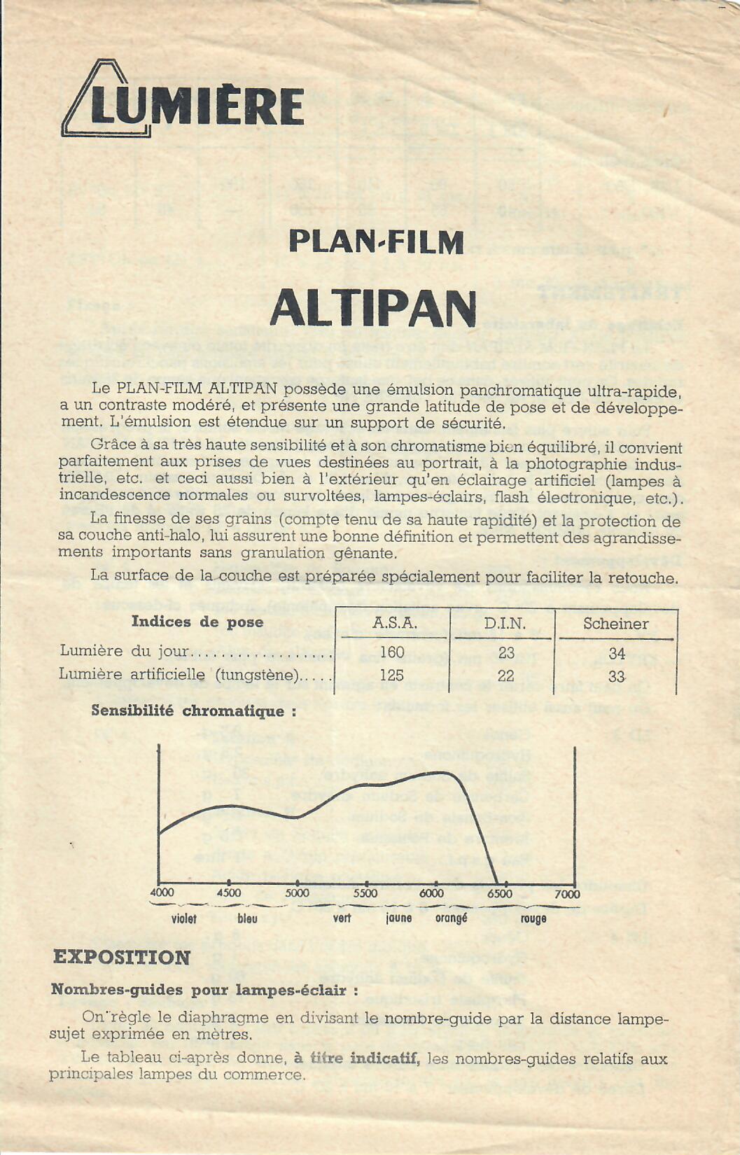 Sté Lumière - Notice Plan-film Altipan